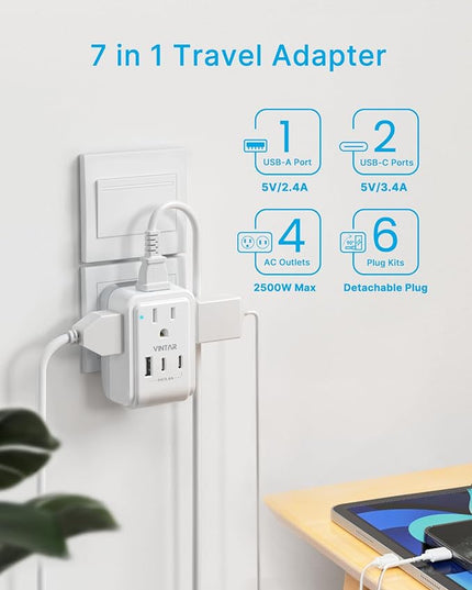 VINTAR Universal Travel Adapter Kit, International Power Adapter with 4 AC & 3 USB Ports(2 USB C), Type A,B,C,E/F,G,I, Swap Adapt Attachments, Travel Adapter Worldwide for Europe/UK/Aus/Japan/Africa