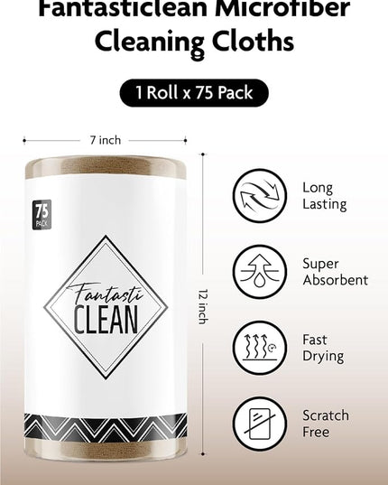 Fantasticlean Microfiber Cleaning Cloth Roll -75 Pack, Tear Away Microfiber Towels, 12" x 12", Reusable, Washable, Scratch Free, Ultra Absorbent for All-Around Cleaning Supplies (TAN)
