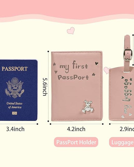 Baby Passport Cover with Travel Luggage Tag, My First Passport Holder With Bear for Girls Boys, Cute Pink Kids Airplane Travle Essentials Accessories Trip Favor Gifts