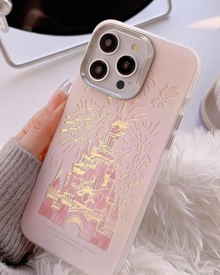 for iPhone 17 Pro Case, Deluxe Fashion Pink，Laser 3D Fireworks Castle，Premium Case with Bracelet， PC+TPU Shockproof and Drop Resistant for Women and Girls