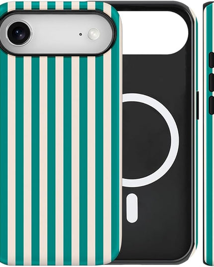 Magnetic for iPhone 17 Air Case Cute Stripes Phone Case, Shockproof Slim TPU and Hard PC Protective Phone Cover Compatible with MagSafe Designed for Women Girls, Emerald Green