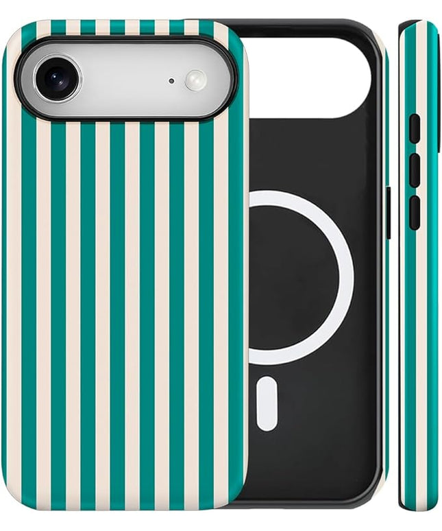 Magnetic for iPhone 17 Air Case Cute Stripes Phone Case, Shockproof Slim TPU and Hard PC Protective Phone Cover Compatible with MagSafe Designed for Women Girls, Emerald Green