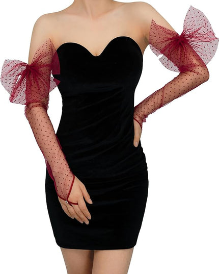 Long Fingerless Lace Gloves with Bow Polka Dot Wedding Bridal Mesh Sheer Gloves Long Opera Party Accessories