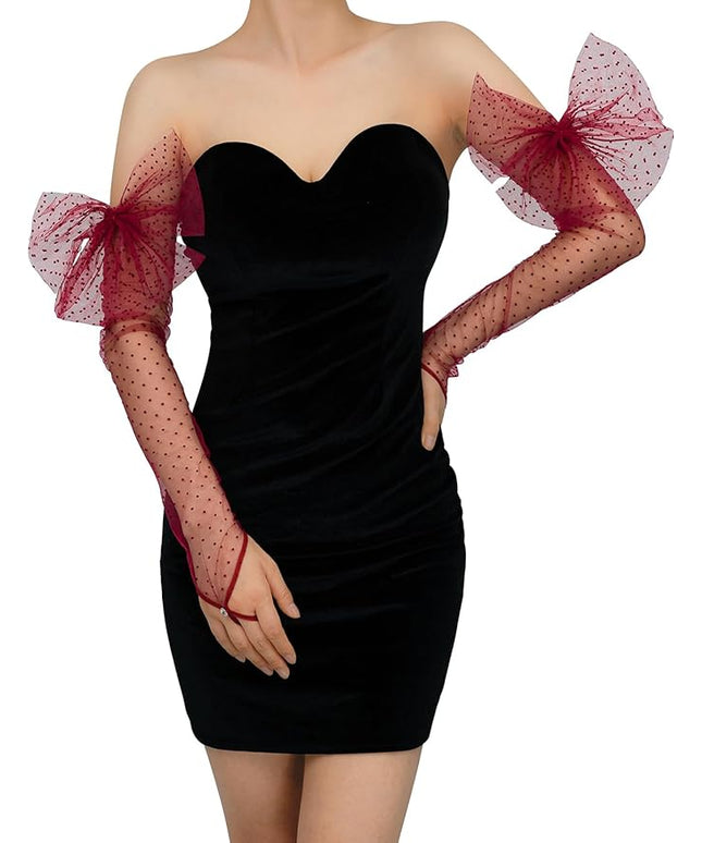 Long Fingerless Lace Gloves with Bow Polka Dot Wedding Bridal Mesh Sheer Gloves Long Opera Party Accessories