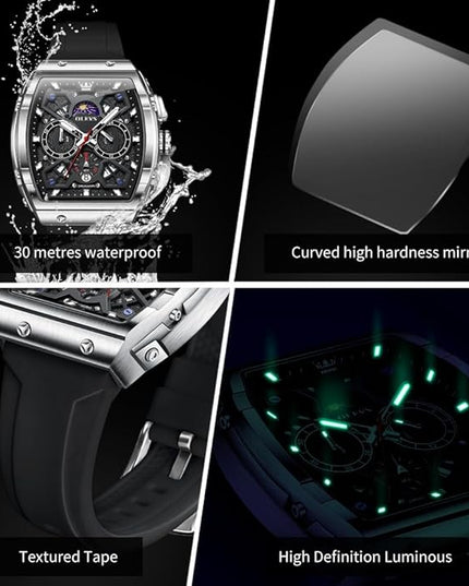 OLEVS Watches for Men Casual Luxury Large Face Multifunctional Chronograph Men's Watches Durable Silicone/Nylon Strap 3ATM Waterproof Men Watch Date Moon Phase Analog Quartz Watch Reloj para Hombre