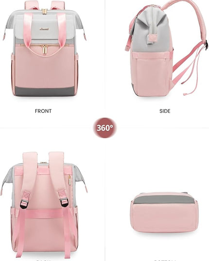 LOVEVOOK 17.3 Inch Laptop Backpack for Women, Large Capacity Travel Backpack with Organizer Bag, Waterproof Carry on Backpack Work Bag with USB Port, Teacher Nurse Backpack Purse, 2PCS, Grey-Pink