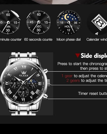 OLEVS Mens Watch Luxury Big Face Stainless Steel Analog Quartz Multifunctional Waterproof Luminous Date Two Tone Fashion Dress Wrist Watches for Man