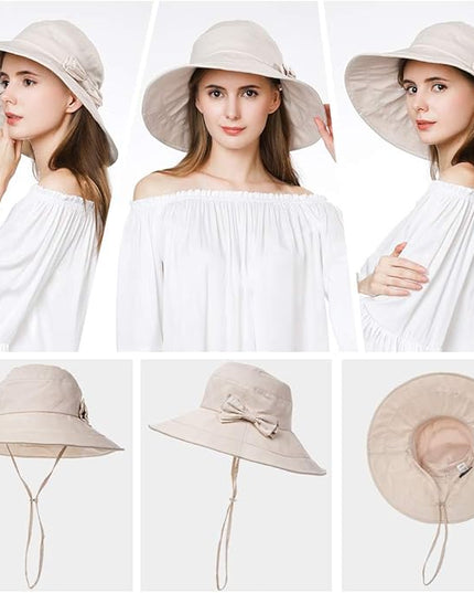 Comhats Packable Summer Cotton Sun Hat Bucket for Women UV Protection Wide Brim Beach Gardening Travel 54-64CM