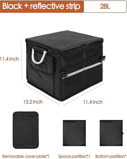 Trunk Organizer With Lid,Small,Black 28L,For SUV Car Truck,Collapsible Waterproof Oxford Fabric,Portable Multipurpose sorting,2-Compartments with Aluminium Alloy Handle