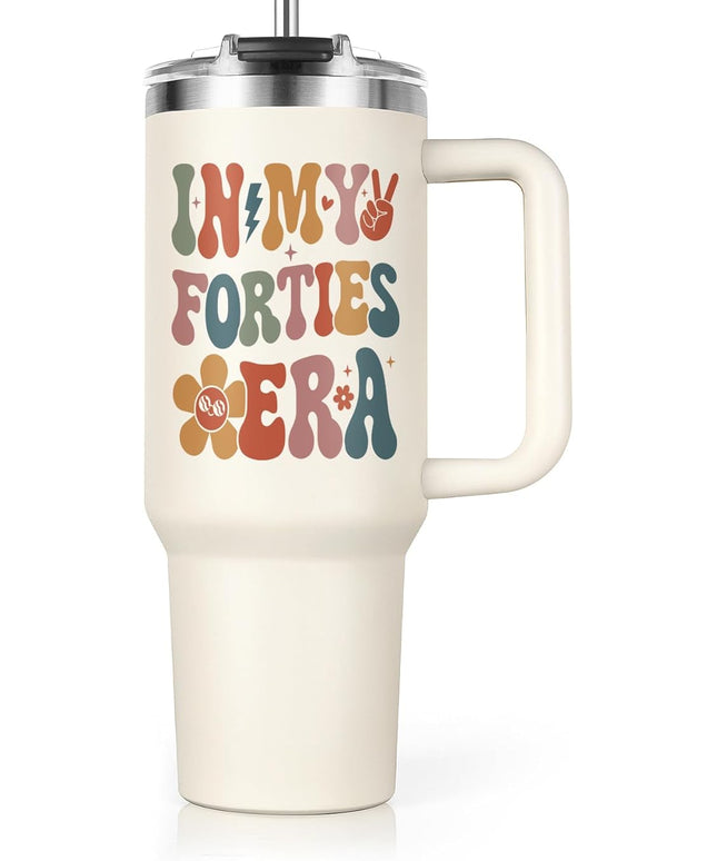 Shqiueos 40th Birthday Gifts for Women 40oz Tumbler with Handle and Straw Lid, 40 Year Old Gifts for Her, Mom, Friend, Sister, Daughter, 40s Birthday Decoration-In My Forties Era Cup Water Bottle