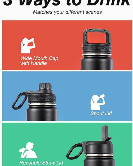 Coolflask Water Bottle 24 oz Insulated with Straw, Stainless Steel Metal 3 Lids Water Flask Wide Mouth for Sports or Office, Non-BPA Keep Cold Up to 48 Hrs or Hot Up to 24 Hrs, Magic Black