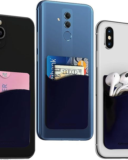 USA Merchant Redesigned Card Holder - Silicone Stick on Cell Phone Wallet with Pocket for Credit Card ID Business Card - iPhone Android & Smartphones (Navy)