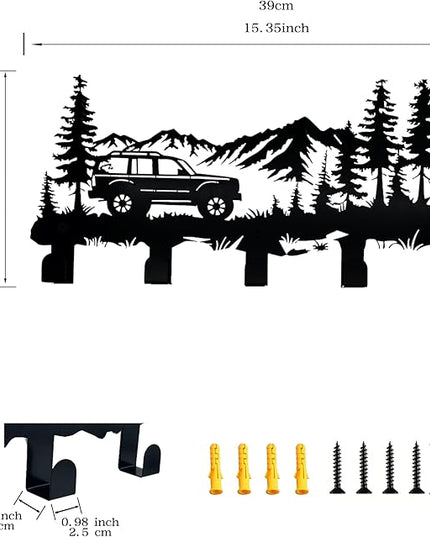 Metal Car Coat Hooks and Key Holder, Mountain Design Wall Art Decor with 5 Hooks, Clothes Hat Rack, and Backpack Hanger, Storage Decor for Living Room, Hallway, Office, Kitchen, Entryway, and Bedroom
