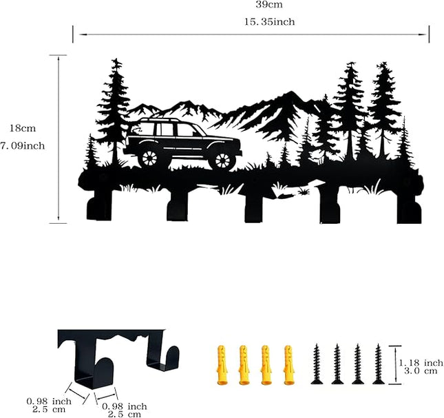 Metal Car Coat Hooks and Key Holder, Mountain Design Wall Art Decor with 5 Hooks, Clothes Hat Rack, and Backpack Hanger, Storage Decor for Living Room, Hallway, Office, Kitchen, Entryway, and Bedroom