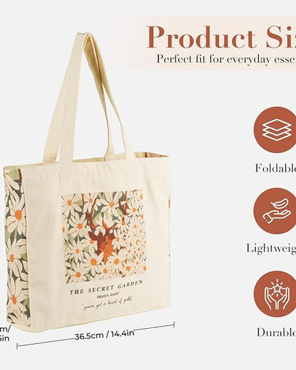 BROADREAM Aesthetic Canvas Tote Bag for Women, Vintage Reusable Book Tote Bag with Inner Zipper Pocket