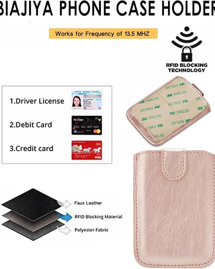 Phone Card Holder RFID Sleeve, Pu Leather Back Phone Wallet Stick-On Pull 5 Card Holder Universally Pocket Covers Credit Cash for iPhone/Android/All Smartphones (RoseGold)