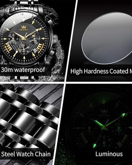 OLEVS Men's Luxury Watch Waterproof Luminous Easy Read Chronograph Watches Full Gold/White Dail/Black Face with Calendar Wristwatch