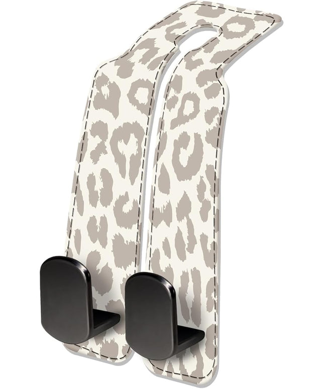 Car Seat Headrest Hook, Universal Leather Cute Hanger Holder Hook, Storage Organizer Interior Accessories for Purse Bags Handbag Luxury Grey Leopard