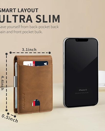 RUNBOX Slim Money Clip Wallets for Men RFID Blocking 11 Card Holder Minimalist Small Leather Bifold Men's Front Pocket Wallet Gift Box