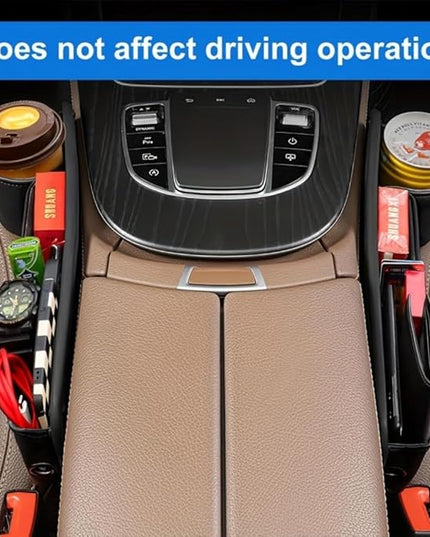 Car Seat Gap Filler Organizer with Cup Holders, Seat Gap Storage Box for Drinks, Phones, Keys, Sunglasses, Cards, and Small Essentials (Black, Driver's + Passenger Seat)