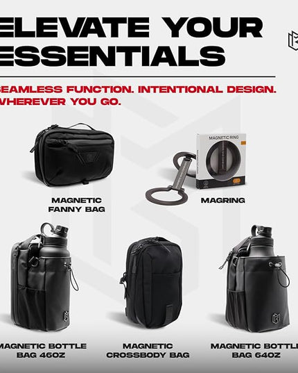Magnetic Gym Bag for Men and Women – Sling Bottle Bag with Magnetic Attachment | Water Bottle Holder, Gym Pouch, Crossbody Bag for Sports & Travel, (Black - 64oz)
