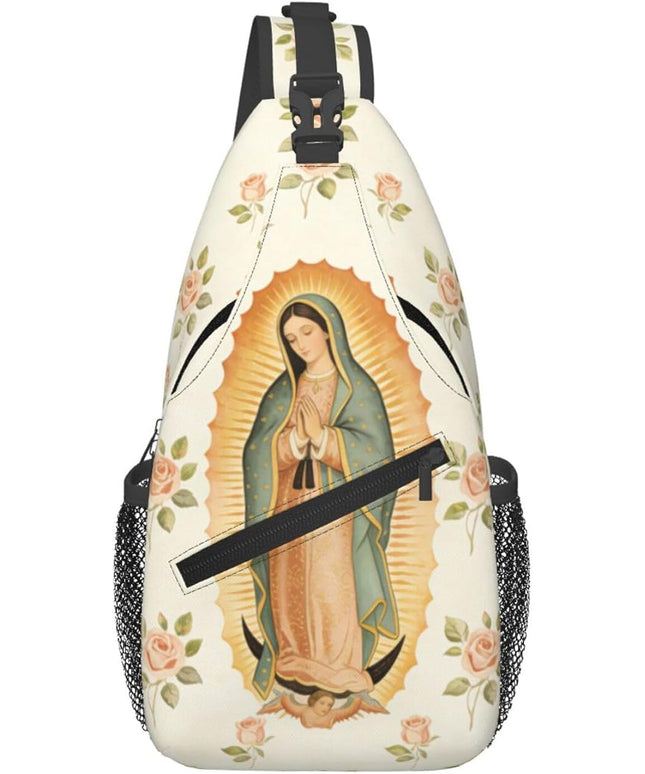 Our Lady of Guadalupe Sling Bag Crossbody Bags Clovers Chest Bag for Travel Hiking for Men Women Flower Mary 4
