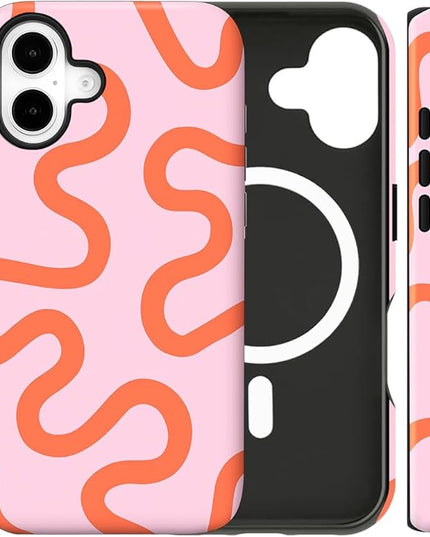 Magnetic for iPhone 16 Case Cute Curved Stripes Phone Case, Shockproof Slim TPU and Hard PC Protective Phone Cover Compatible with MagSafe Designed for Women Girls,Pink