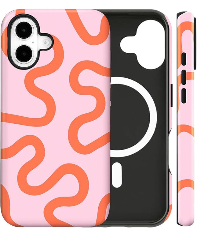 Magnetic for iPhone 17 Case Cute Curved Stripes Phone Case, Shockproof Slim TPU and Hard PC Protective Phone Cover Compatible with MagSafe Designed for Women Girls,Pink