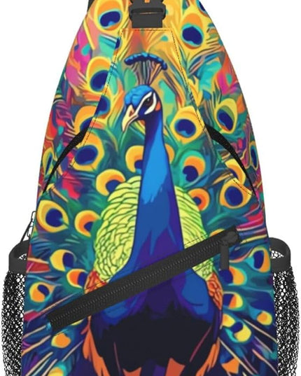 Animal Face Sling Bag Crossbody Bags Chest Bag Backpack for Travel Running and Hiking for Men Women Colorful Peacock
