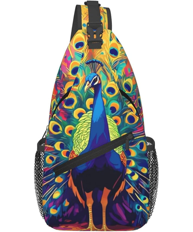 Animal Face Sling Bag Crossbody Bags Chest Bag Backpack for Travel Running and Hiking for Men Women Colorful Peacock