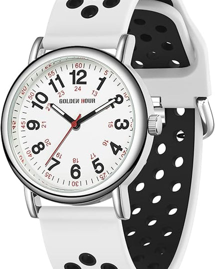 GOLDEN HOUR Waterproof Nurse Watch for Medical Professionals, Students Women Men - Military Time Luminouse Easy Read Dial, 24 Hour with Second Hand, Colorful Silicone Band
