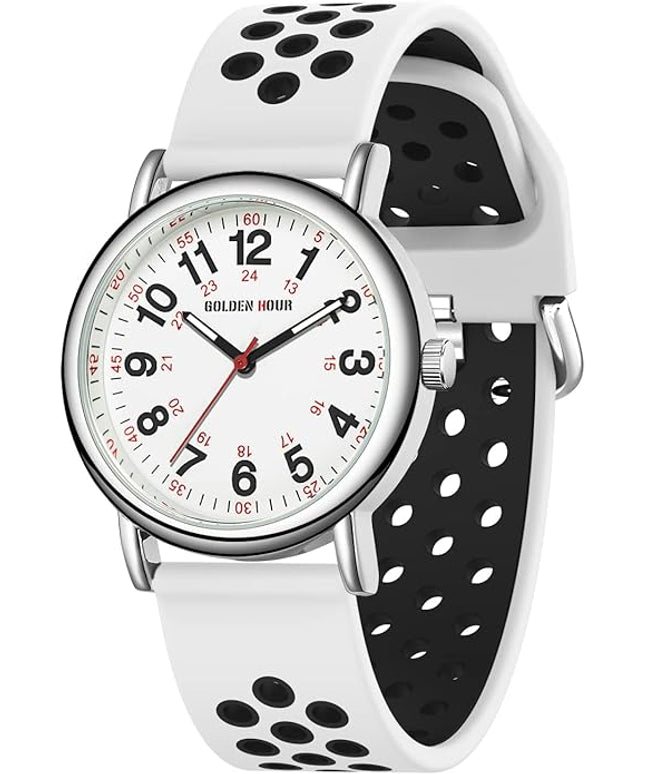 GOLDEN HOUR Waterproof Nurse Watch for Medical Professionals, Students Women Men - Military Time Luminouse Easy Read Dial, 24 Hour with Second Hand, Colorful Silicone Band