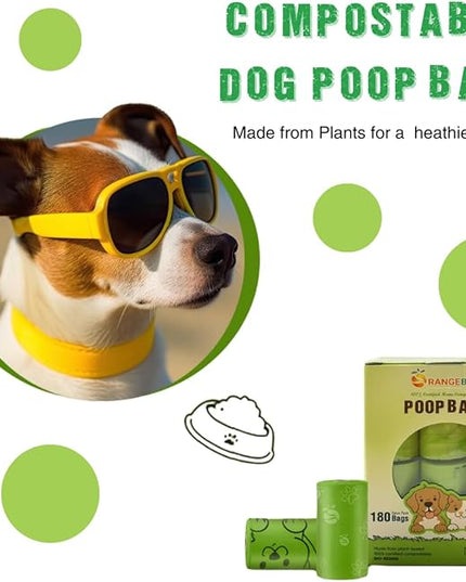OrangeBio Dog Poop Bags with Handles, 100% Certified Home Compostable, 13 x 9 Inches - 180 Count (15 Bags per Roll, 12 Rolls), OK Compost Home
