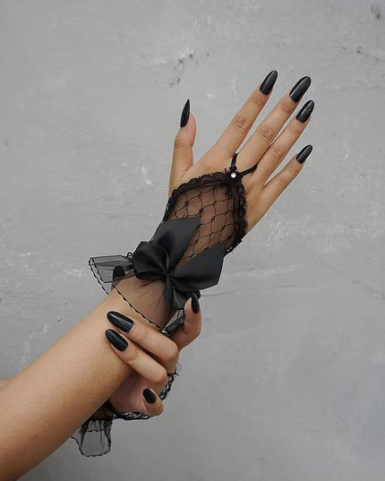 OYOANGLE Women's Floral Lace Bow Front Short Wrist Cuff Wedding Wrist Length Bridal Prom Gloves