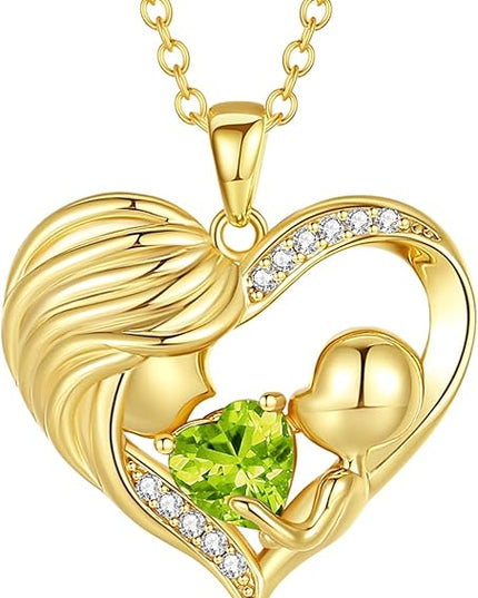 FANCIME Mom Birthstone Necklace Mother and Child Love Heart Necklace I Love You Mom Gifts Mothers Day Birthstone Jewelry Gifts for Grandmother Women Wife, 16"+2" Inches