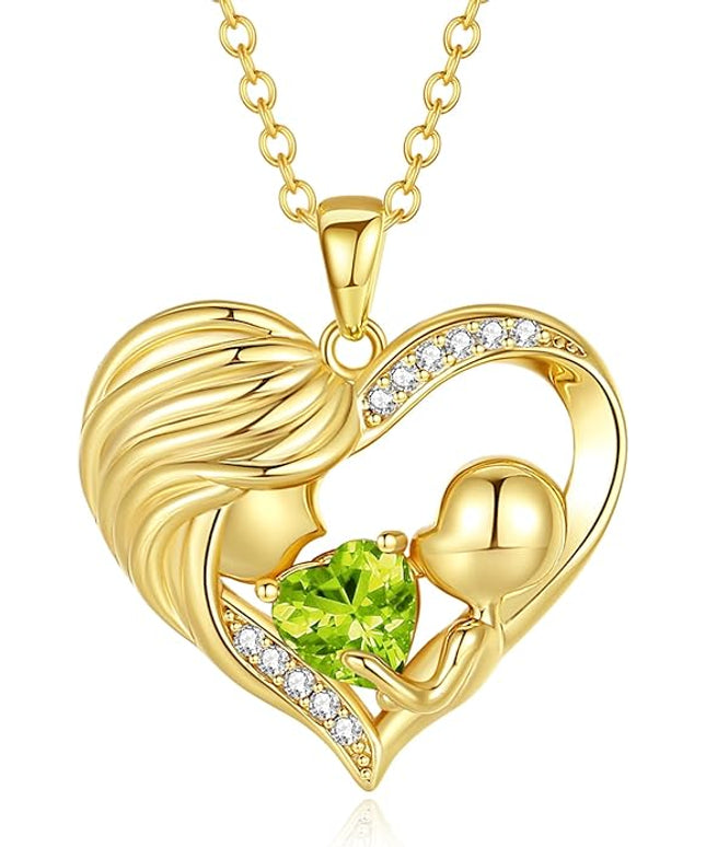 FANCIME Mom Birthstone Necklace Mother and Child Love Heart Necklace I Love You Mom Gifts Mothers Day Birthstone Jewelry Gifts for Grandmother Women Wife, 16"+2" Inches