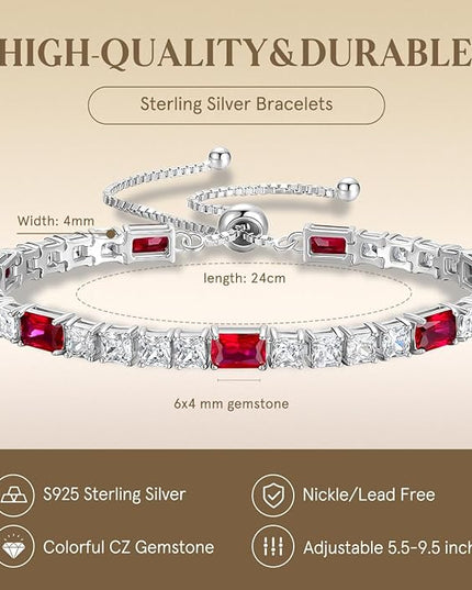 FANCIME Birthstone Bracelet for Women, Sterling Silver 4x6mm Gemstone Tennis Bracelet Bolo Adjustable Chain Fine Jewelry Birthday Gifts for Women Mom Wife Her