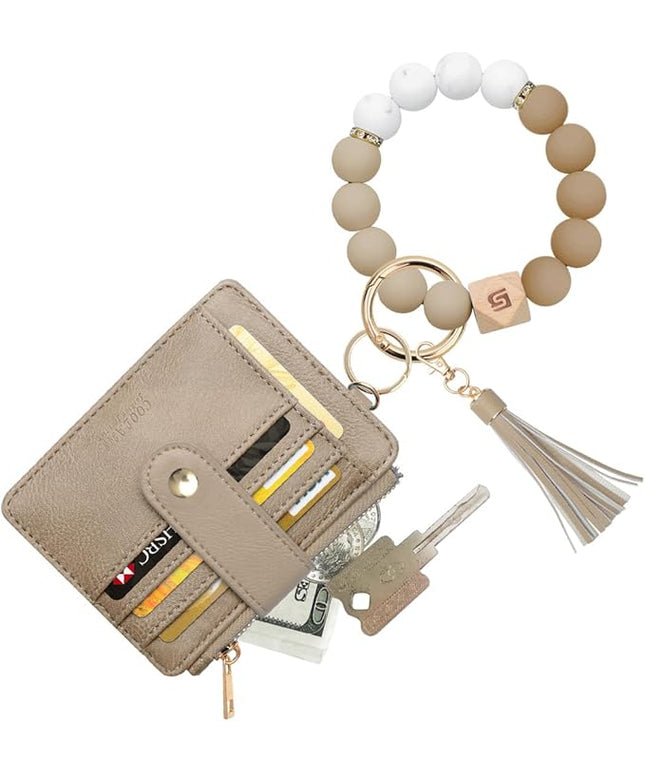 COOLANS Silicone Bracelet Wristlet Wallet Credit Card Holder RFID,ID Window,Key Ring Tassel,Slim Wallet Women Keychain Purse