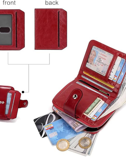 BOSTANTEN Leather Wallets for Women RFID Blocking Zipper Pocket Small Bifold Wallet Card Case Wine Red