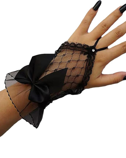 OYOANGLE Women's Floral Lace Bow Front Short Wrist Cuff Wedding Wrist Length Bridal Prom Gloves