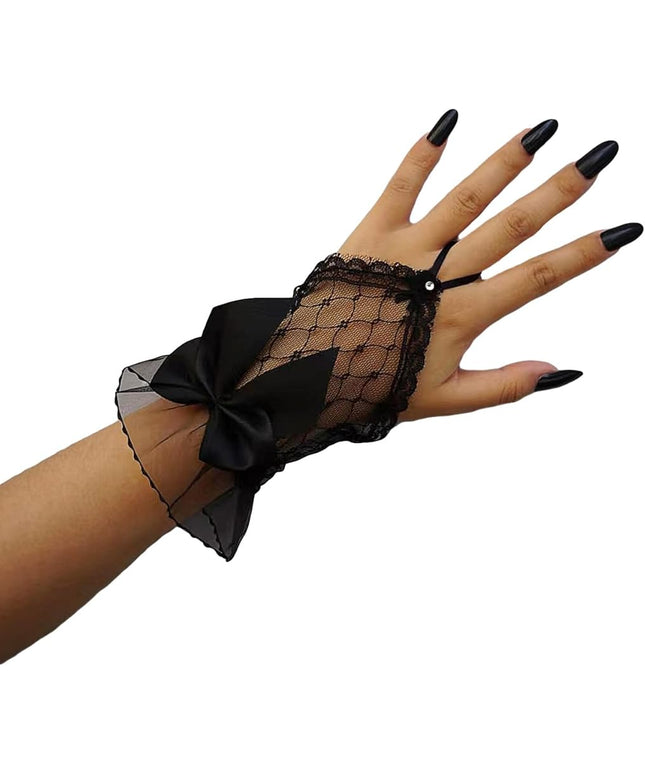 OYOANGLE Women's Floral Lace Bow Front Short Wrist Cuff Wedding Wrist Length Bridal Prom Gloves