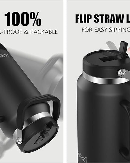 64 oz Leak-Proof Insulated Tumbler with Flip Straw Lid - Sweat-Free, Top and Side Handle, Anti-Slip Silicone Base, Iced for 34 Hours - Water Jug for Hiking, Fitness, Office, Travel, Home