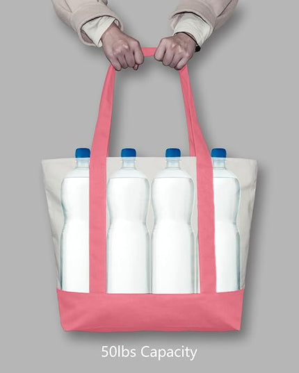 TOPDesign 6-Pack Canvas Tote Bags with an External Pocket, Reusable Grocery Shopping Bags, Top Zipper Closure, Daily Essentials (Rose Pink/Natural)