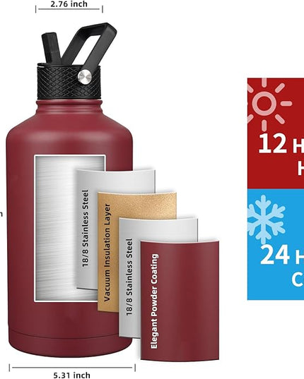 Insulated Water Bottle 87oz,Triple Wall Vacuum Stainless Steel(Dishwasher Safe),Leak Proof & Non-BPA,Flask Jug with Paracord Handle & Straw Spout Lids Sports Red