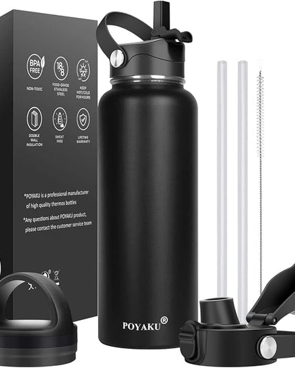 Water Bottle Insulated 32oz 40oz 64oz 128oz Straw Lid Spout Lid & 3 Lids, Leak Proof, Vacuum Insulated,Stainless Steel Water Bottle Wide Mouth for Sports, Gym or Office