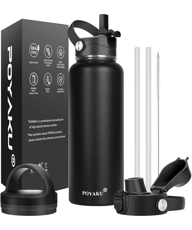 Water Bottle Insulated 32oz 40oz 64oz 128oz Straw Lid Spout Lid & 3 Lids, Leak Proof, Vacuum Insulated,Stainless Steel Water Bottle Wide Mouth for Sports, Gym or Office