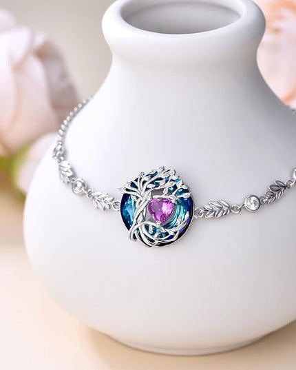 TOUPOP Tree of Life Birthstone Bracelet 925 Sterling Silver Family Tree Austrian Crystal Jewelry Anniversary Birthday Christmas Gifts for Women Wife Girlfriend Her
