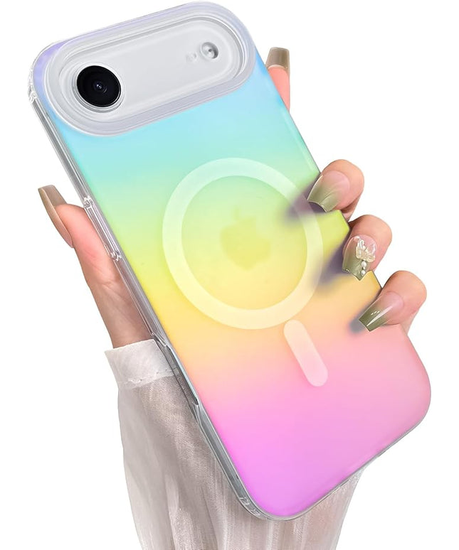 Cute Case for iPhone Air Case for Women Girls [Compatible with Magsafe] Aesthetic Girly Glitter Bling Rainbow Magnetic Protective Phone Cover, Translucent Iridescent Blue & Pink