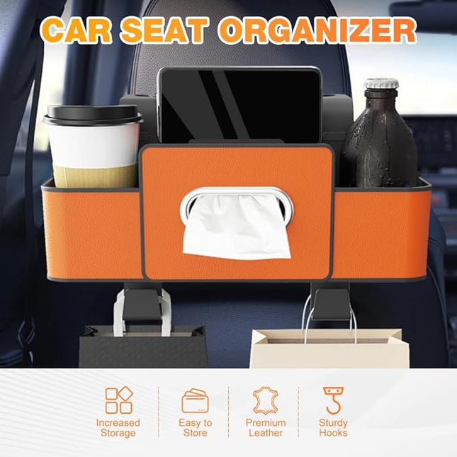 Back Seat Car Organizer,3-in-1 Car Backseat Storage Box with Cup Holder,Tissue Box,Trash Bin&Hooks,Multifunctional Waterproof Storage for Hold Phones Snacks Drinks Handbags (2, Orange)