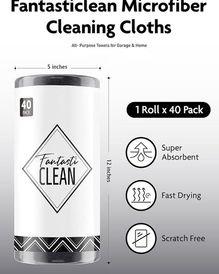 Fantasticlean Microfiber Cleaning Cloth Roll -40 Pack, Tear Away Microfiber Towels, 12" x 12", Reusable, Washable, Scratch Free, Ultra Absorbent for All-Around Cleaning Supplies (DimGrey)